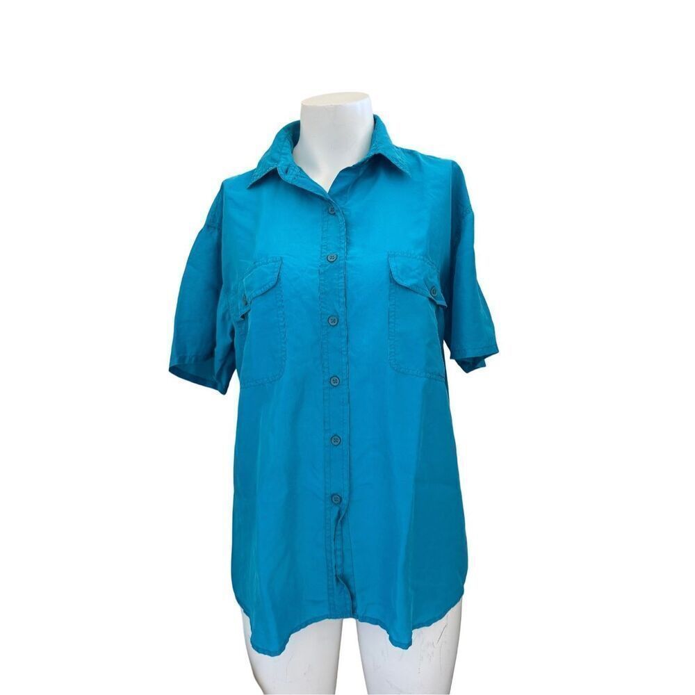 Retro women’s M vintage 90s button up blouse 100% silk royal blue short sleeve n